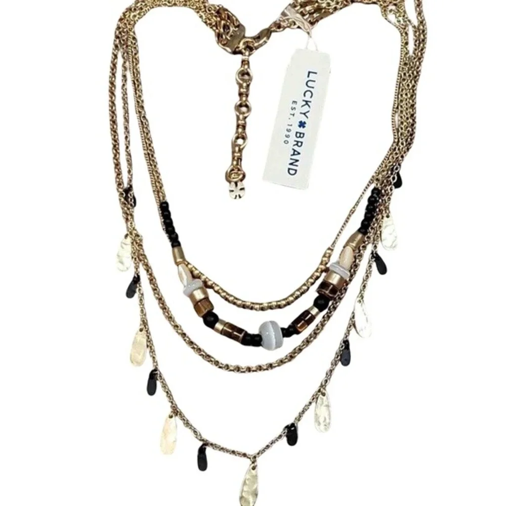 Lucky Brand‎ Gold Tone Layered Multi Strand Beaded Hammered Charm Necklace NWT